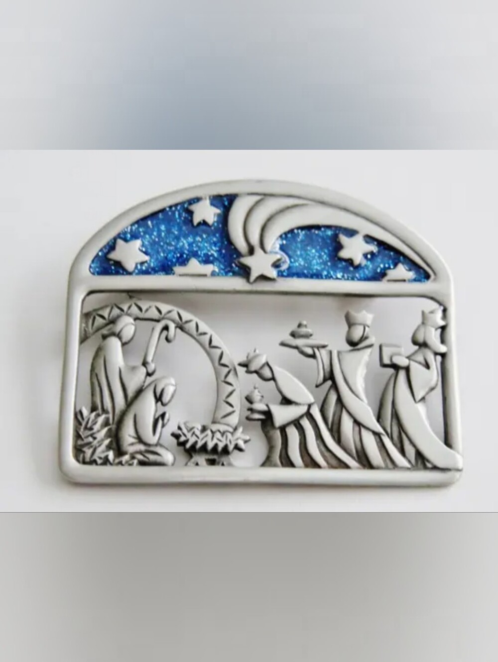 JJ Jonette Three Wise Men Nativity Rectangular Decorative Pin Blue Glitter Sky